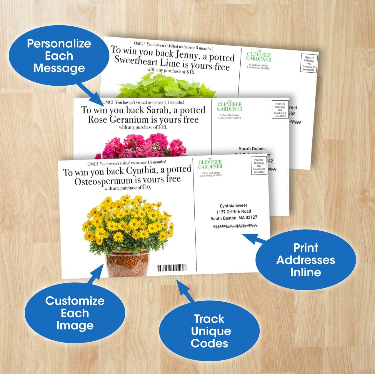 Variable Data Printing photo showing postcards with varied information in one print run.